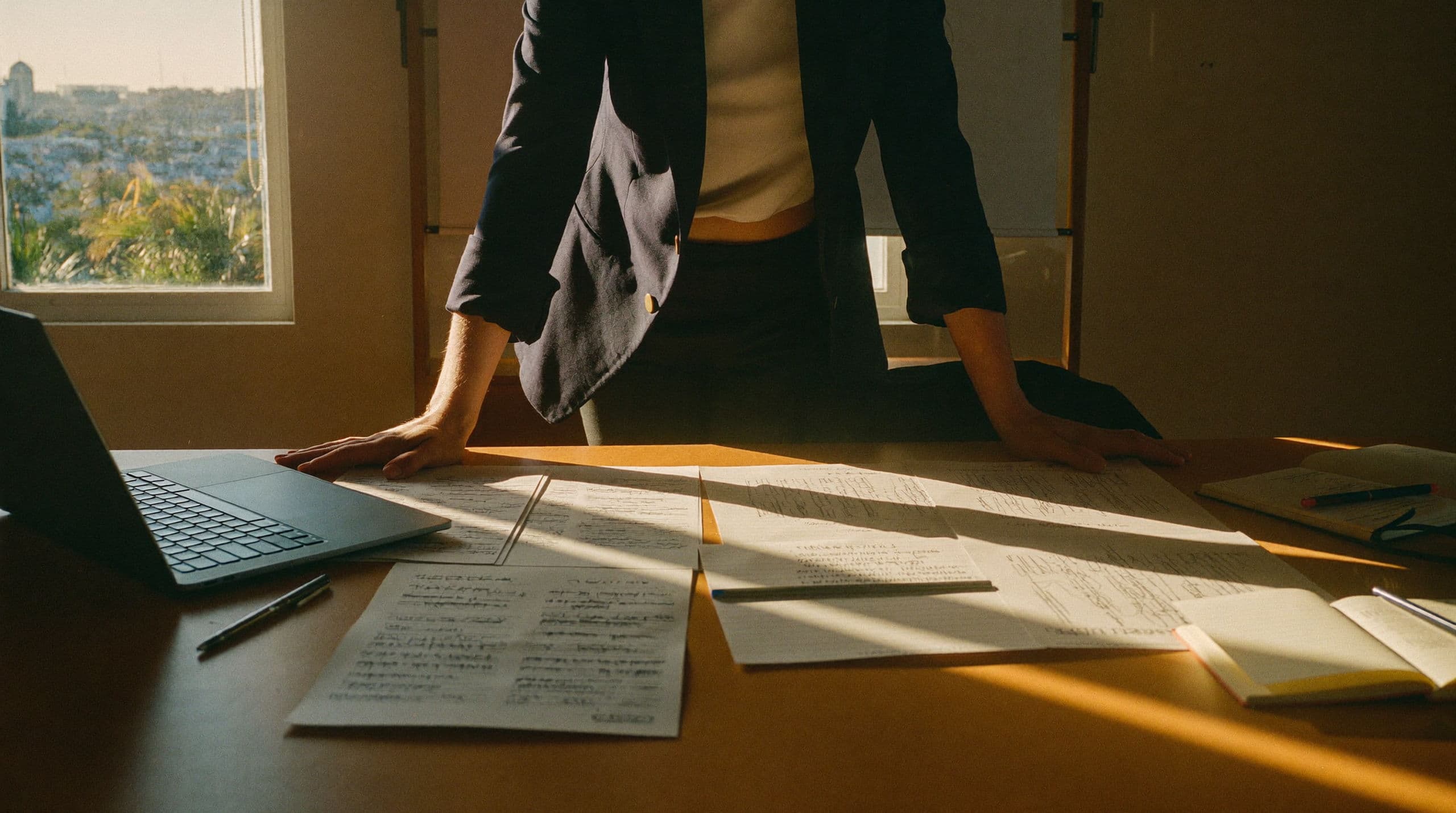 Someone leaning over a sunlit work table covered in marked-up printed marketing plans, hands planted, late afternoon light across the pages.