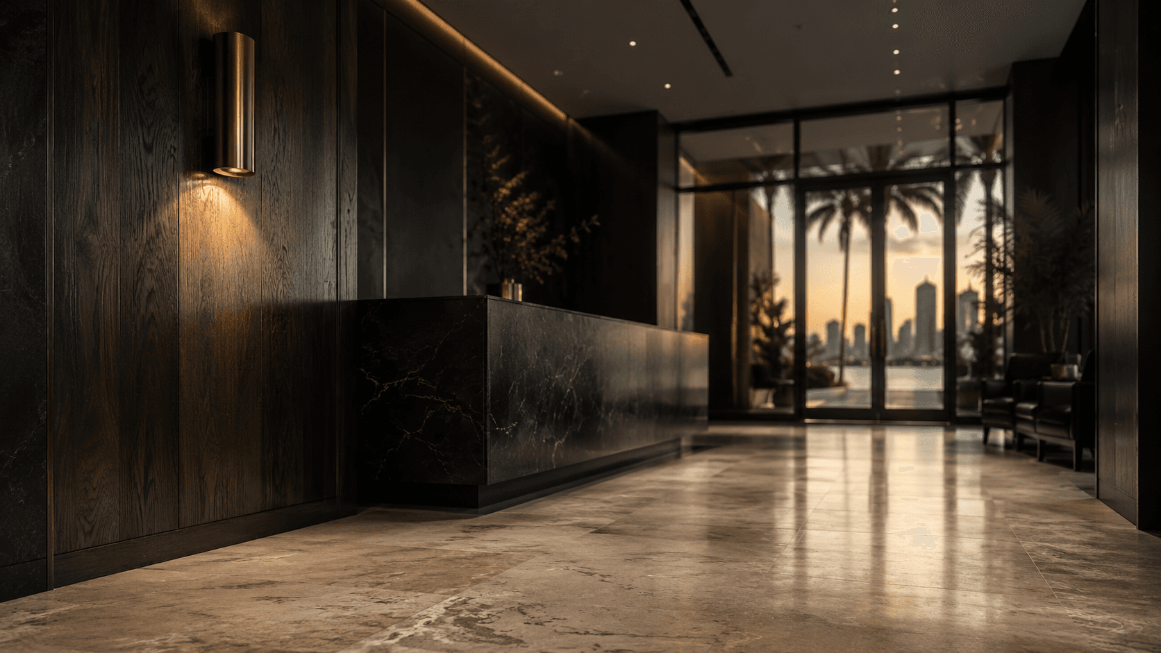 Modern boutique law firm reception in South Florida at golden hour, brushed gold accent lighting against deep walnut paneling