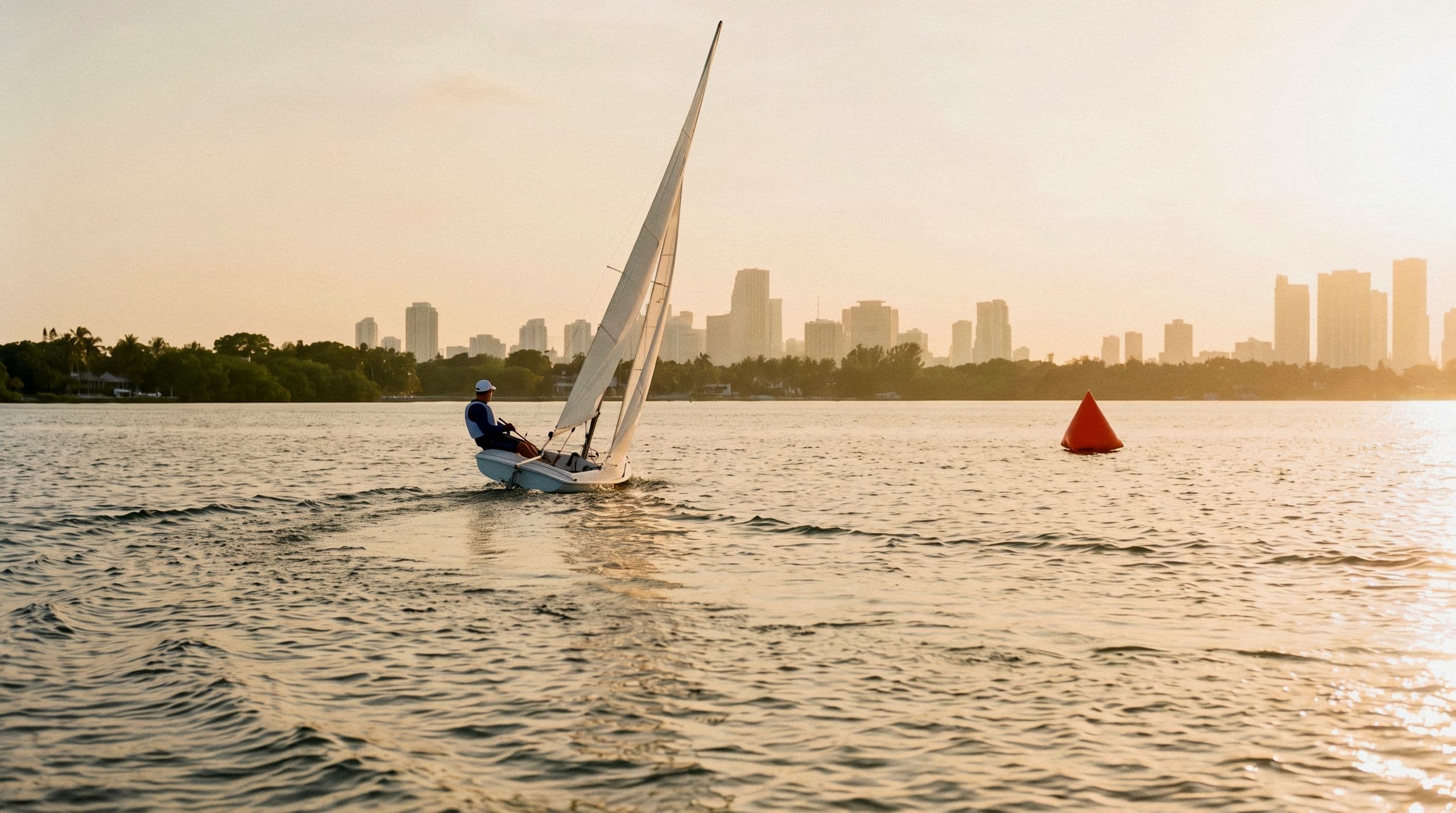 A small sailboat heels across a calm bay toward an orange race buoy, with a hazy city skyline in warm evening light.
