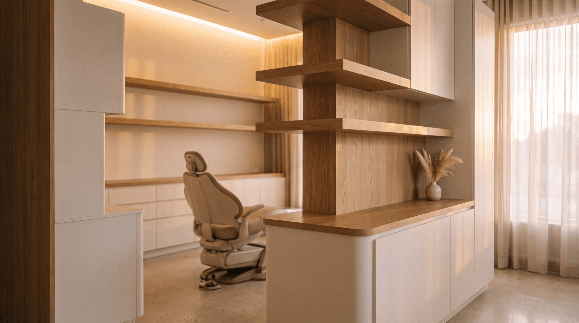 Modern dental practice treatment room in South Florida with light oak cabinetry and warm golden-hour light through sheer curtains