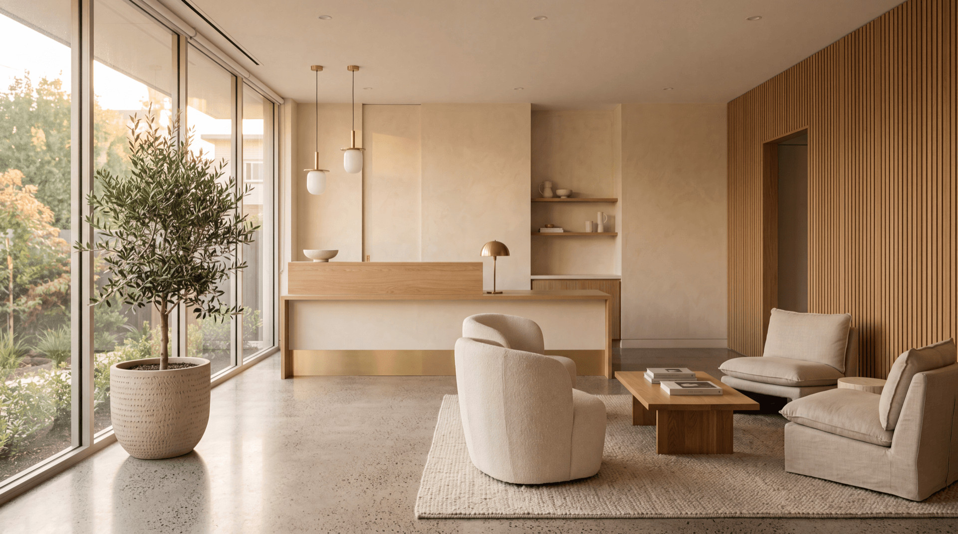 Warm, minimalist dental practice reception and waiting area with light oak furniture, brushed brass accents, and an olive tree in natural light