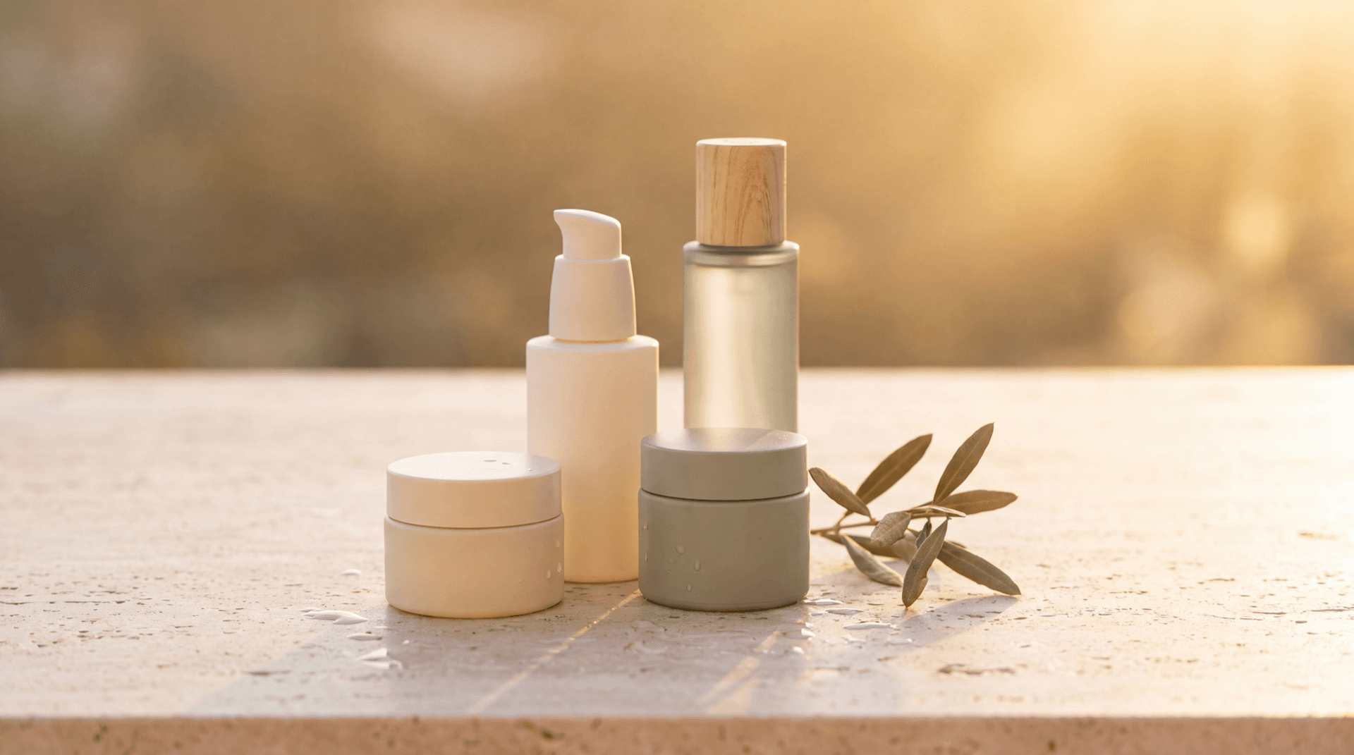 Curated arrangement of premium skincare products on a marble surface with warm Miami light