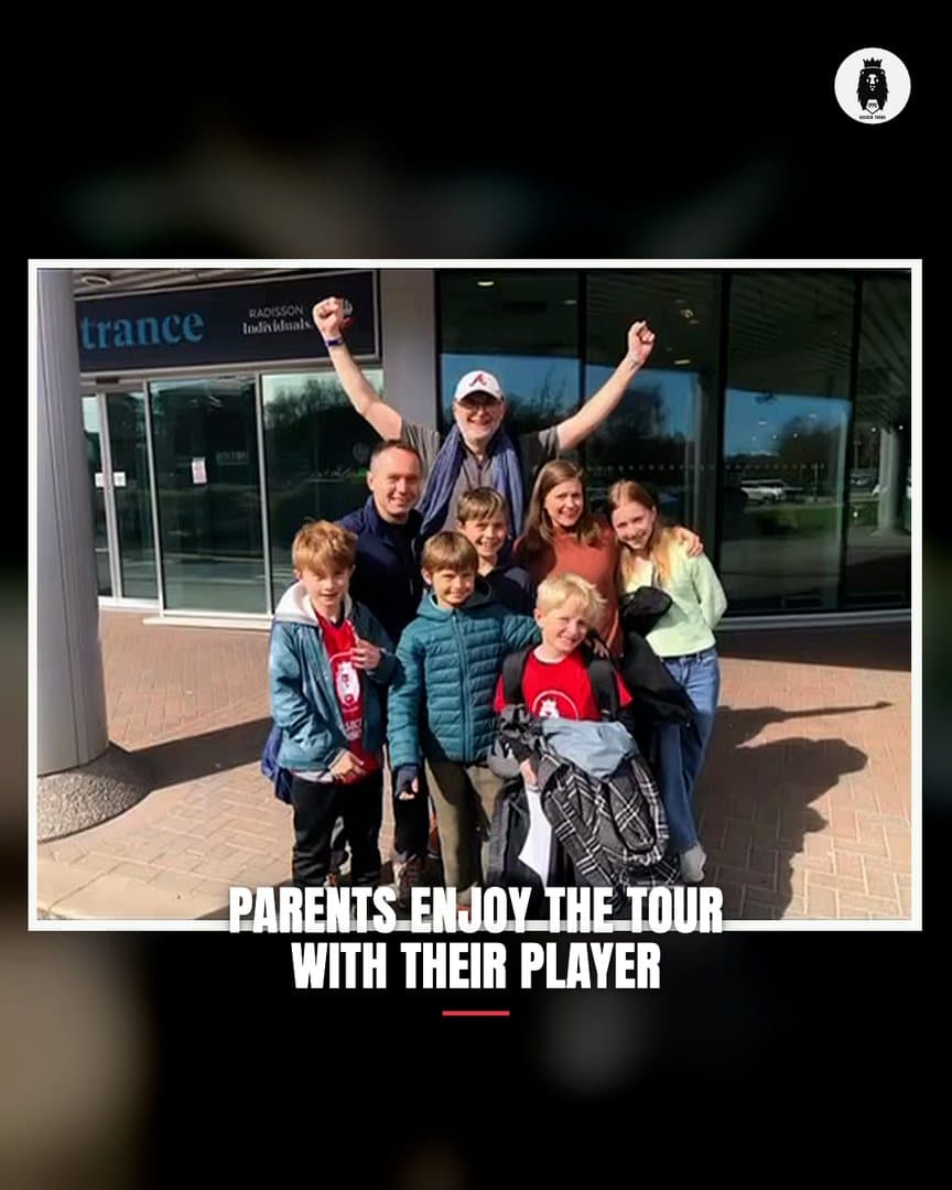 Cover frame of the family week film: a tour family photographed together outside their hotel, with the words Parents enjoy the tour with their player across the bottom.