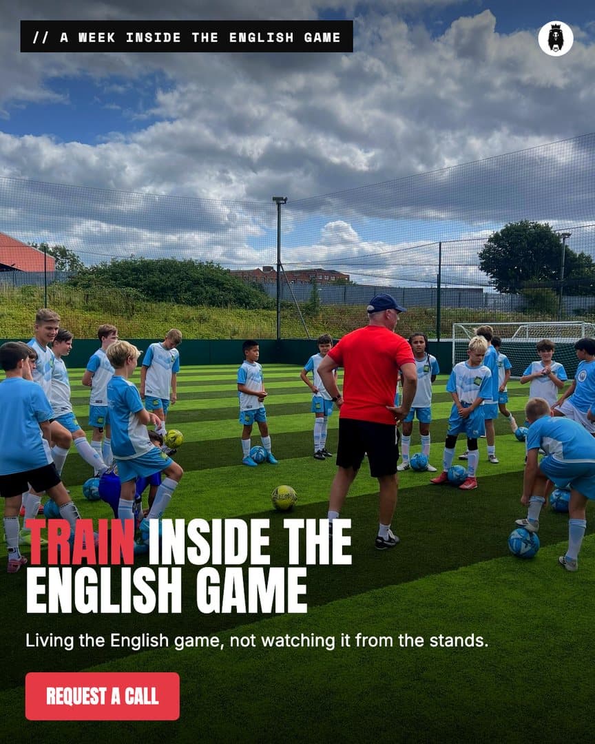 Ad still: a coach running a session with young players on a grass training pitch, headline Train inside the English game, line Living the English game, not watching it from the stands, and a Request a Call button.