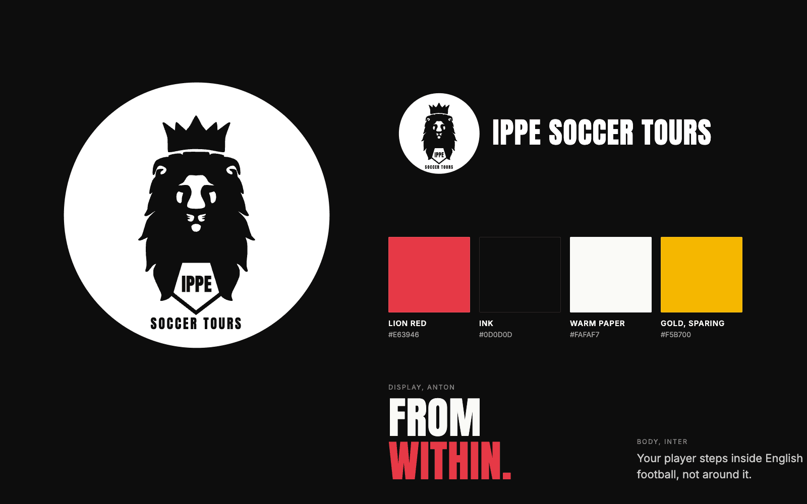IPPE Soccer Tours brand board: the new crest, the colors and the type