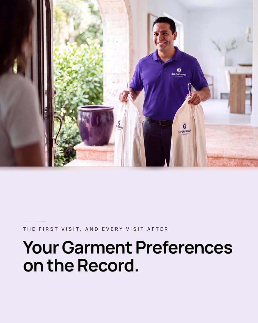 Ad still: a man in a purple Sir Galloway polo holding two garment bags at a front door, line The first visit, and every visit after, headline Your Garment Preferences on the Record.