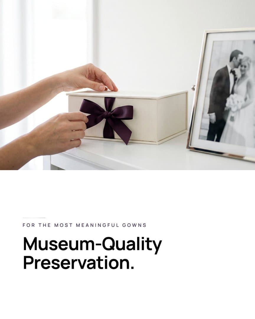 Ad still: hands tying a plum ribbon on a cream keepsake box beside a framed wedding picture, line For the most meaningful gowns, headline Museum-Quality Preservation.