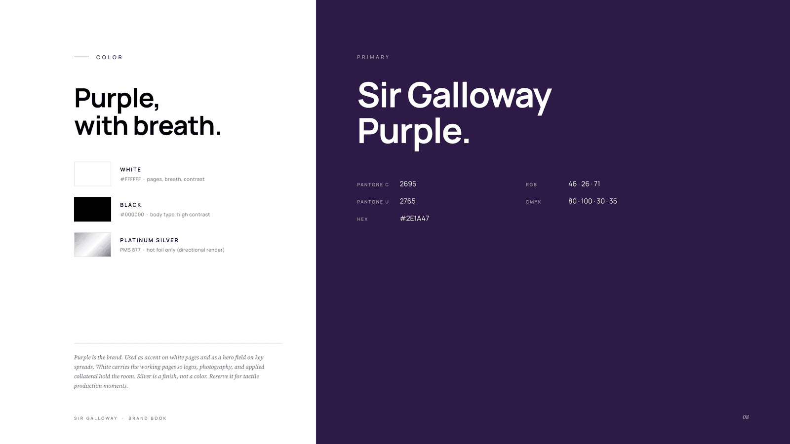 A spread from the Sir Galloway brand book: Sir Galloway purple and the colors that go with it
