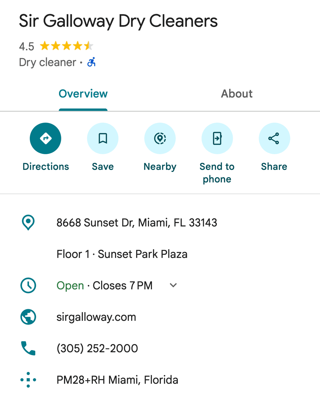 Sir Galloway's Google listing for its Sunset store as it reads now, with the address, the opening hours and a link to sirgalloway.com