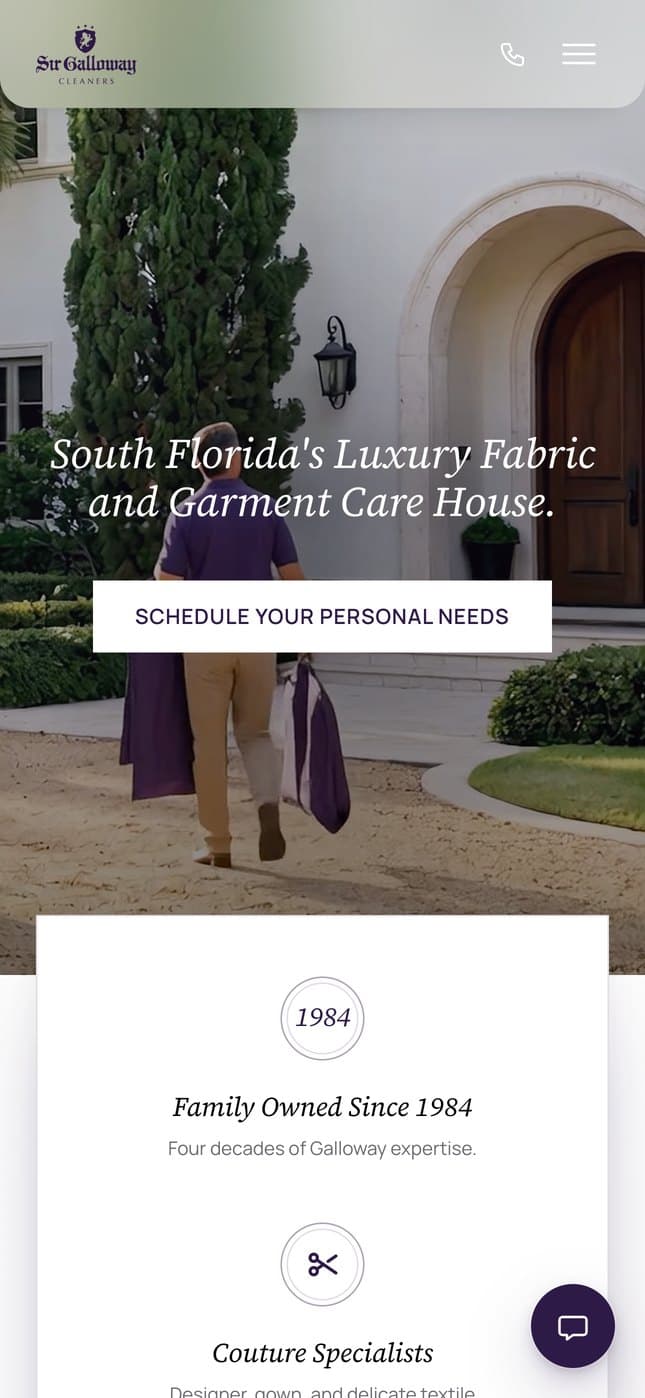 The Sir Galloway homepage on a phone: "South Florida's Luxury Fabric and Garment Care House." with the Schedule Your Personal Needs button