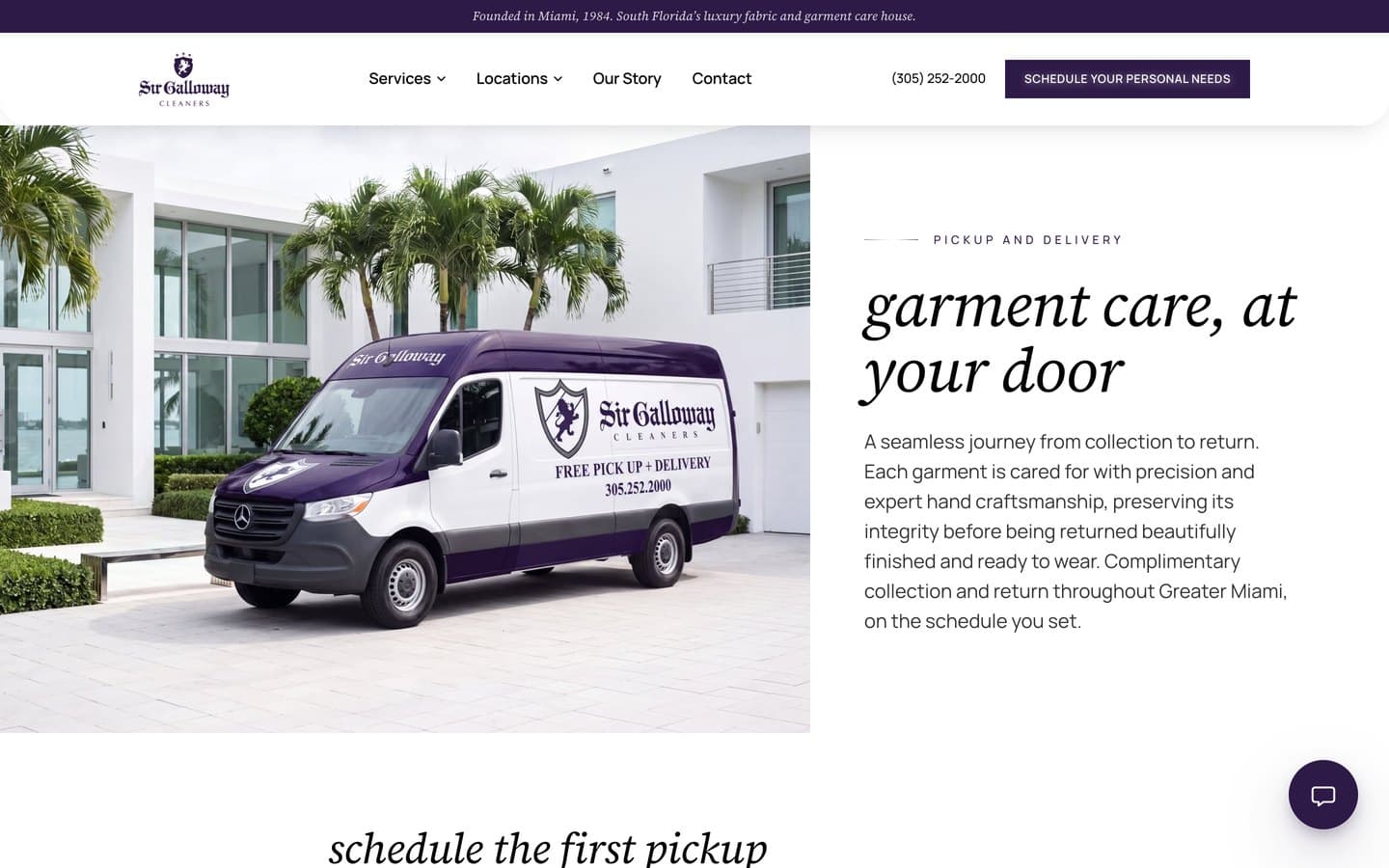 The top of the Sir Galloway pickup and delivery page on desktop: "garment care, at your door," beside a purple and white Sir Galloway van marked Free Pick Up and Delivery, with the Schedule Your Personal Needs button in the header
