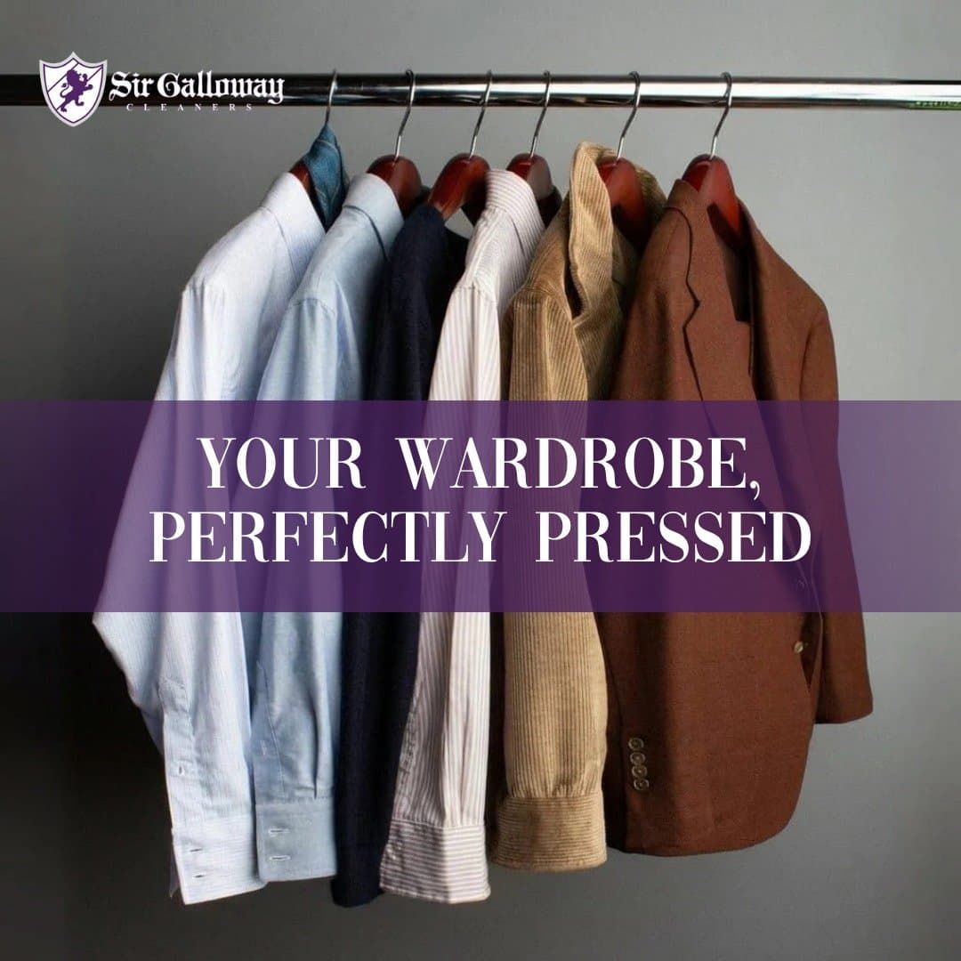 A Sir Galloway Instagram post from before the relaunch: shirts and jackets on a rack, with the words YOUR WARDROBE, PERFECTLY PRESSED