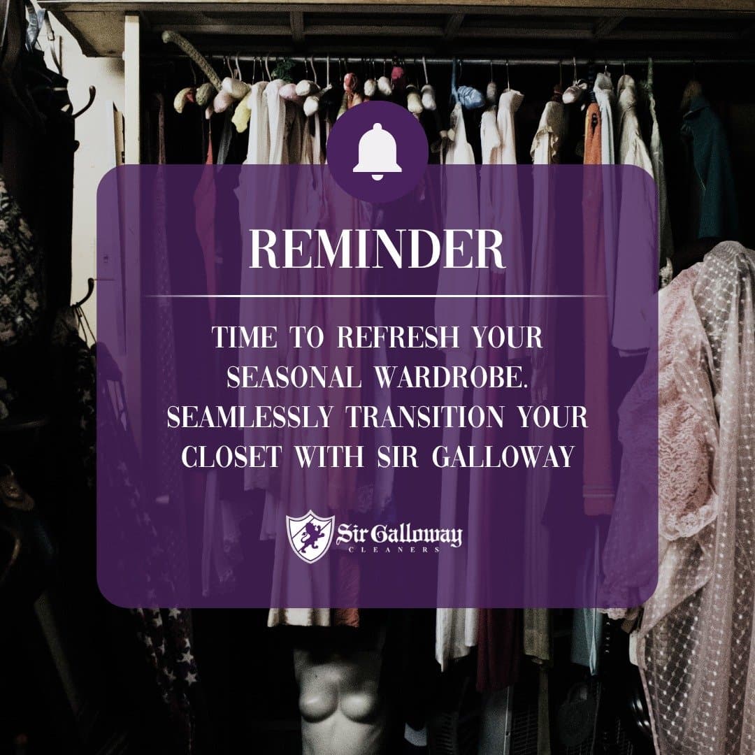 A Sir Galloway Instagram post from before the relaunch: a purple REMINDER card over a closet rack, reading TIME TO REFRESH YOUR SEASONAL WARDROBE
